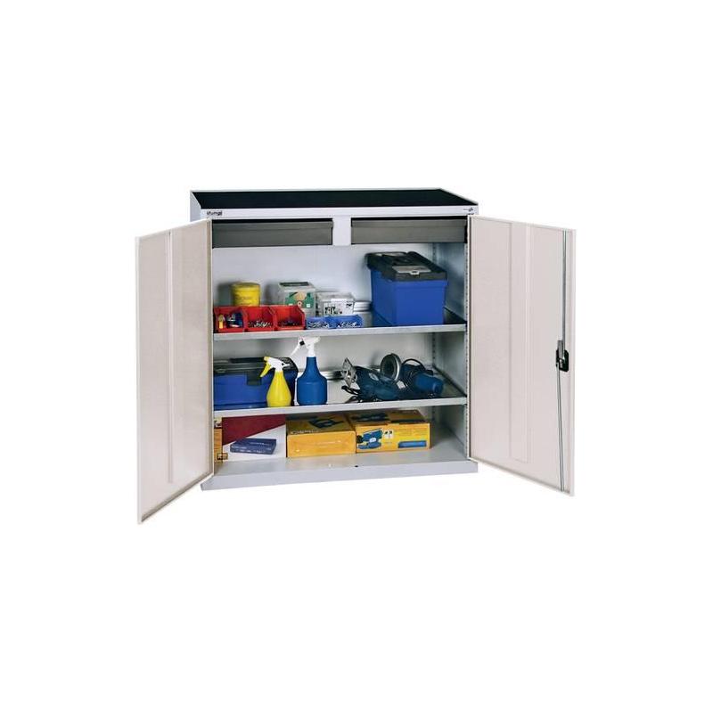 Skříňka na nářadí se 2 policemi 1000x1000x500 mm, 2 SL, RAL 7035/5010 • Vtools.cz