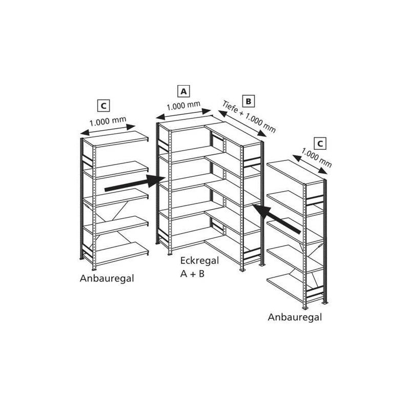 Rohová přídavná police 7035 3000x1000x400, 7 polic • Vtools.cz