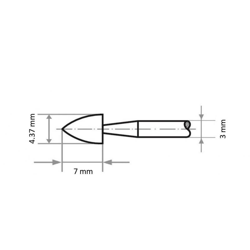Brusné tělísko D34 špičatý obloukový tvar pro ocel/ocelovou odlitek 4,37x7 mm stopka 3 mm • Vtools.cz