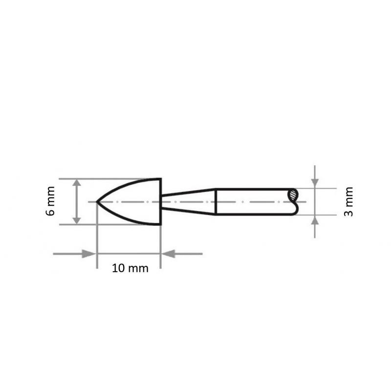 Brusné tělísko D35 špičatá oblouková forma pro ocel/ocelovou odlitek 6x10 mm stopka 3 mm • Vtools.cz